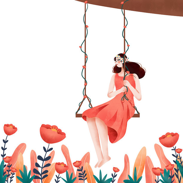 手绘卡通荡秋千女孩人物图片下载