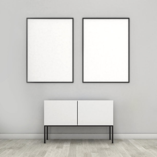 在木墙上模拟框架，配有低矮的橱柜和架子，图片下载