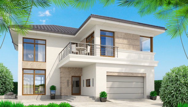 带有露台和棕榈树的现代白色房子图片下载