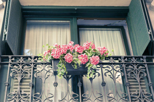 阳台花盆里挂着粉红色的天竺葵。安达卢西亚式的装饰图片下载