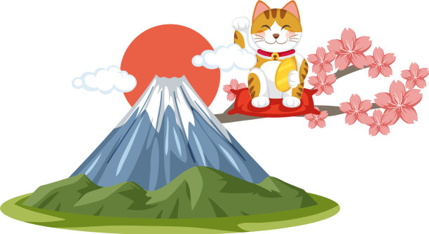 日本幸运猫maneki neko与富士山图片下载