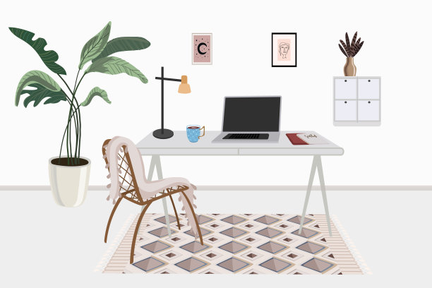 波西米亚风格的白色简约内饰。电脑桌，笔记本电脑，马克杯和笔记本，室内植物。花园的椅子上,绘画。图片下载