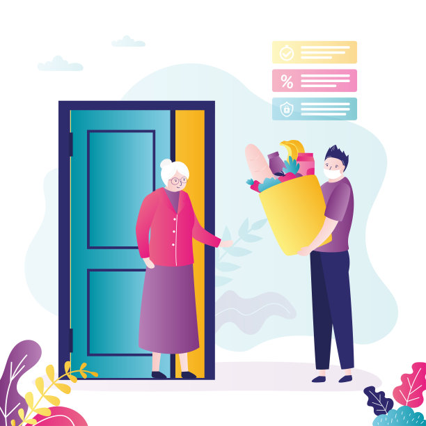 一名戴口罩男子送食物给年长妇女。祖母使用送货上门服务图片下载