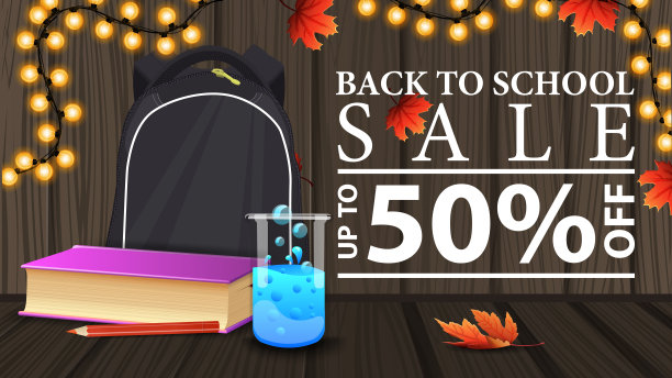 回学校出售，折扣网横幅与木制纹理，学校背包，一本书和化学烧瓶图片下载