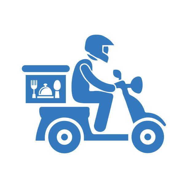 快递、食品、骑手、工人图标。蓝色的向量的设计。图片下载