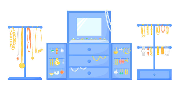 珠宝盒配件和珠宝首饰。手链，耳环，手表，珠子，项链，链，戒指收藏。珠宝管理，储存，站和持有人。平面设计图片下载