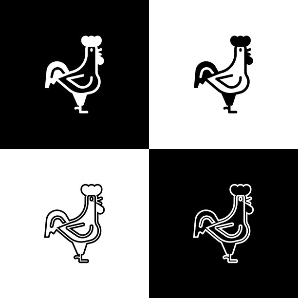 设置法国公鸡图标孤立在黑色和图片下载