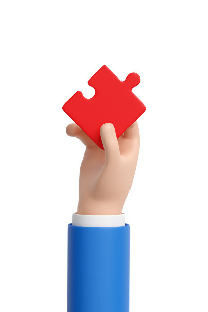 卡通手拿着一块红色的拼图。3 d演示。图片下载