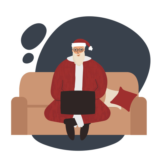 现代圣诞老人坐在沙发上用笔记本电脑。圣诞节期间与家人在线视频通话。工作的概念。向量概念说明图片下载