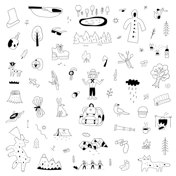 露营手绘涂鸦集孤立的图标集图片下载