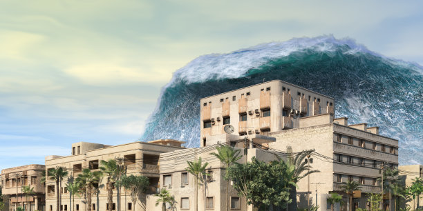 海啸波浪启示水景城市洪水风暴。3D插图图片下载