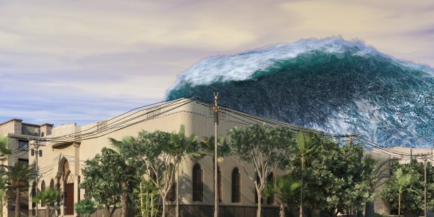 海啸波浪启示水景城市洪水风暴。3D插图图片下载