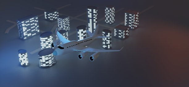 交通和客运飞机在建筑物上方飞行。三维渲染图片下载