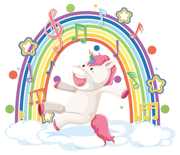 独角兽在云中跳跃，有彩虹和旋律的象征图片下载