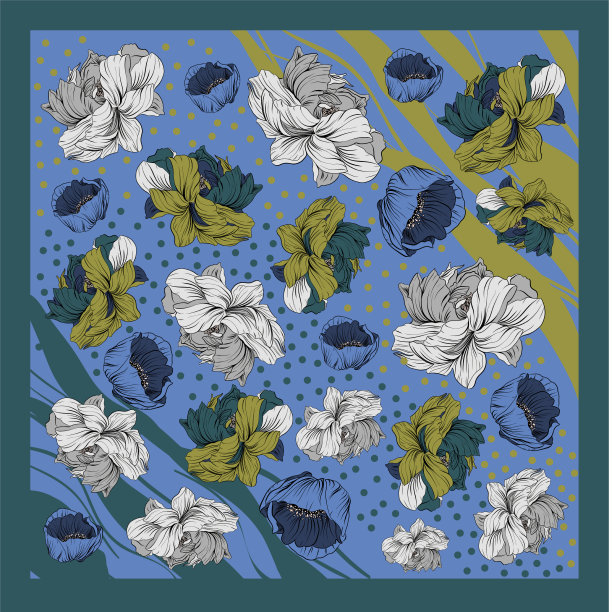 五颜六色的丝巾上点缀着盛开的罂粟花图片下载