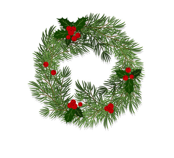 用云杉树枝和冬青浆果装饰的圣诞花环。平面风格矢量，插图，孤立在白色背景上图片下载