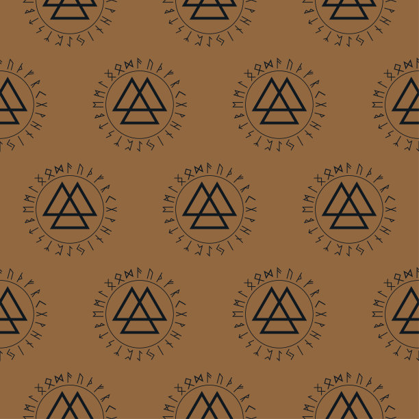 Valknut迹象。斯堪的纳维亚护身符，象征奥丁神。无缝模式。维京符文。异教徒的向量。凯尔特三角形的符号。北欧纹身。矢量插图上的棕色背景图片下载