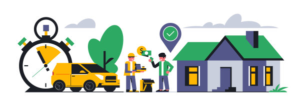 网上送餐上门服务。快递员将成功完成的订单转帐并收到款项。食物，时间，时钟，金钱，汽车，街道，房子，gps点。矢量图图片下载