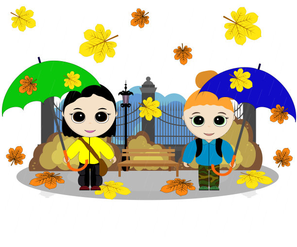 可爱的卡通儿童矢量插图。孩子们撑着伞，站在秋天的雨中图片下载