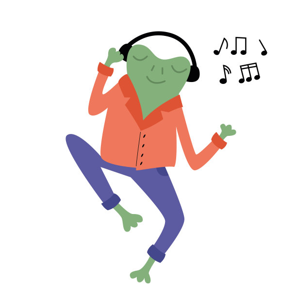 欢快的绿蛙戴着耳机听着音乐跳舞。音乐家，歌手，乐谱。矢量平面插图。图片下载