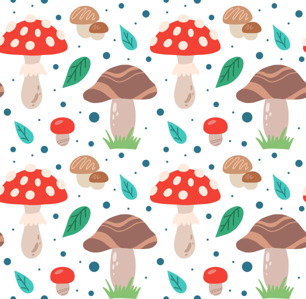无缝模式与手绘平蘑菇，飞木耳，叶子和波尔卡点在白色背景。矢量纹理与森林真菌。图片下载