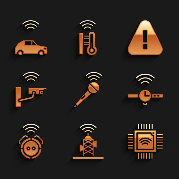 内置无线麦克风、天线、微电路处理器、智能手表、机器人吸尘器、安全摄像头、三角形感叹号、车载系统无线图标。向量图片下载