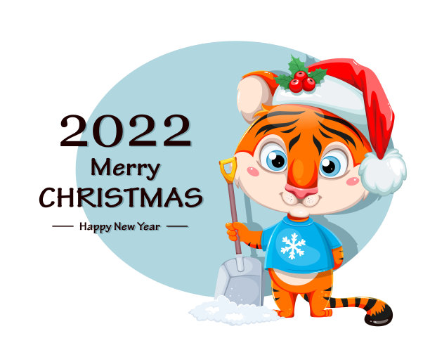 圣诞快乐。可爱的老虎在拿着雪铲图片下载