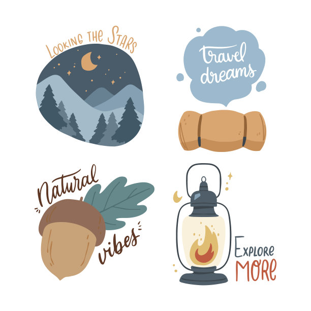 手绘冒险徽章集合矢量插图图片下载