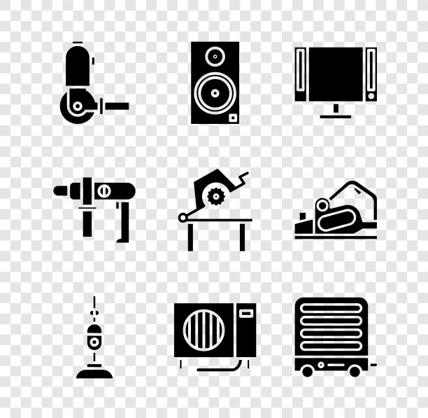 设置角磨机，立体声扬声器，智能电视，吸尘器，空调和电加热器图标。向量图片下载