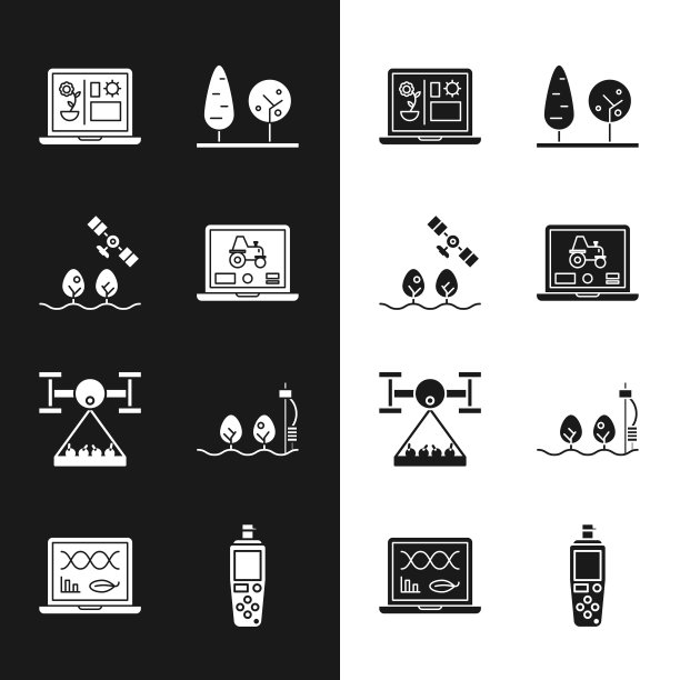 Set Laptop application for smart farm, smart with drone, farming technology, Trees, Standalone sensor and plant, Portable and Genetic engineering modification icon。向量图片下载