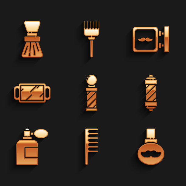 集经典理发店电线杆，发刷，胡子和胡子护理油瓶，喷雾后，手镜，理发店和剃须图标。向量图片下载