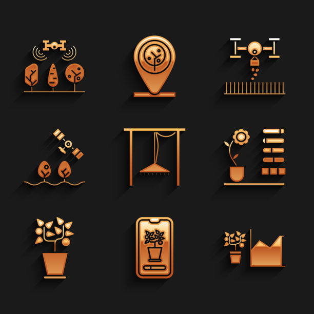 设置自动灌溉喷头，智能控制耕作系统，花卉统计，状态，花盆，无人机，图标。向量图片下载