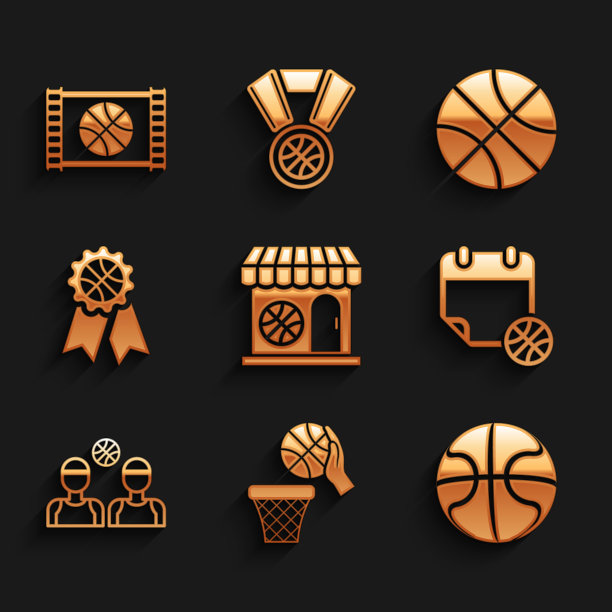 设置体育商店和篮球，篮球，在体育日历，球员，奖项，和游戏视频图标。向量图片下载