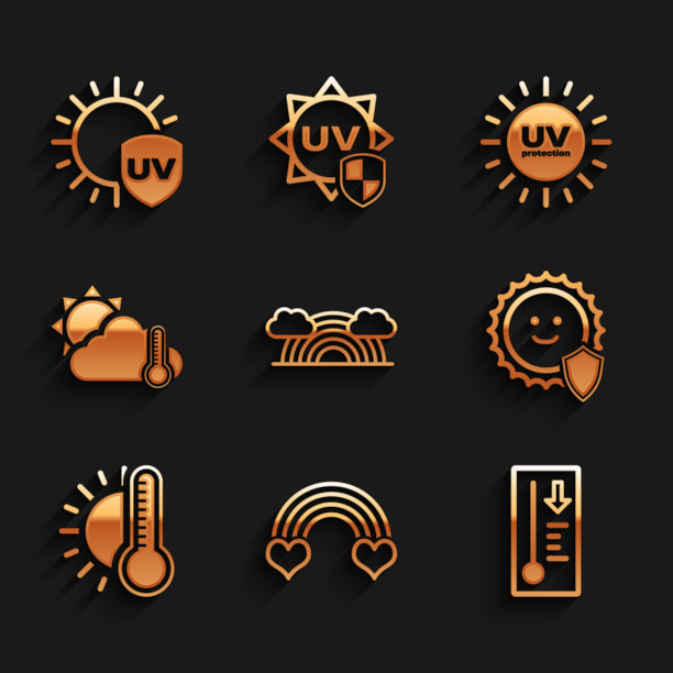 集彩虹与云，心，气象温度计，紫外线保护，温度计太阳，和云，和图标。向量图片下载