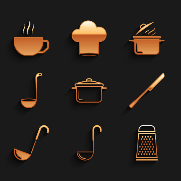 Set Cooking pot, Kitchen ladle, Grater, Knife, and Coffee cup icon。向量图片下载