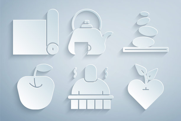 设置桑拿和水疗程序，堆叠热石头，苹果，心，茶壶与杯子和健身垫卷图标。向量图片下载