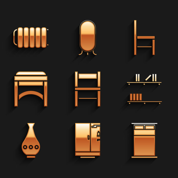 设置椅子，淋浴间，大床，书架与书籍，花瓶，暖气散热器图标。向量图片下载