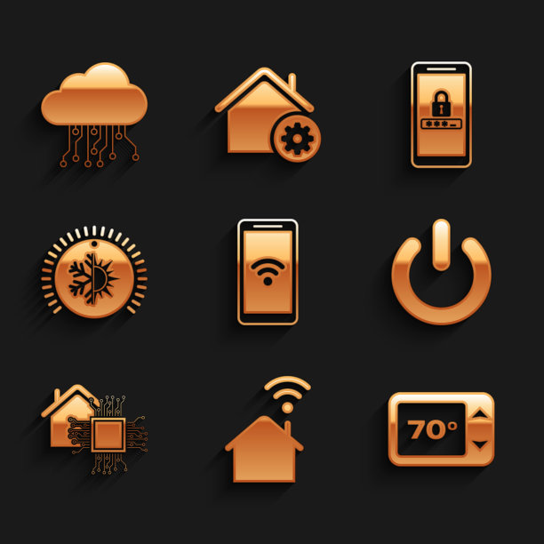 设置手机无线无线，智能家居，恒温器，电源按钮，密码保护和物联网图标。向量图片下载