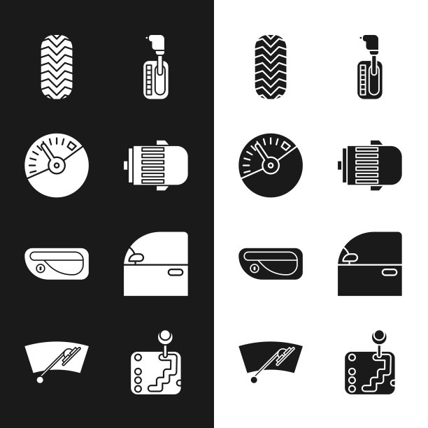 设置电动发动机，速度表，汽车轮胎，换挡，门把手，和挡风玻璃雨刷图标。向量图片下载