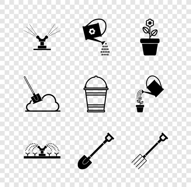 设置自动灌溉喷头，喷壶，花盆，花园铲，草叉，铲地和铲斗图标。向量图片下载