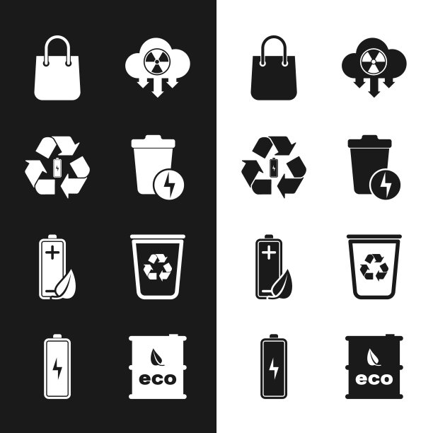 设置闪电与垃圾桶，电池回收，购物袋，酸雨和放射性云，生态自然叶电池，回收箱，生物燃料桶和图标。向量图片下载