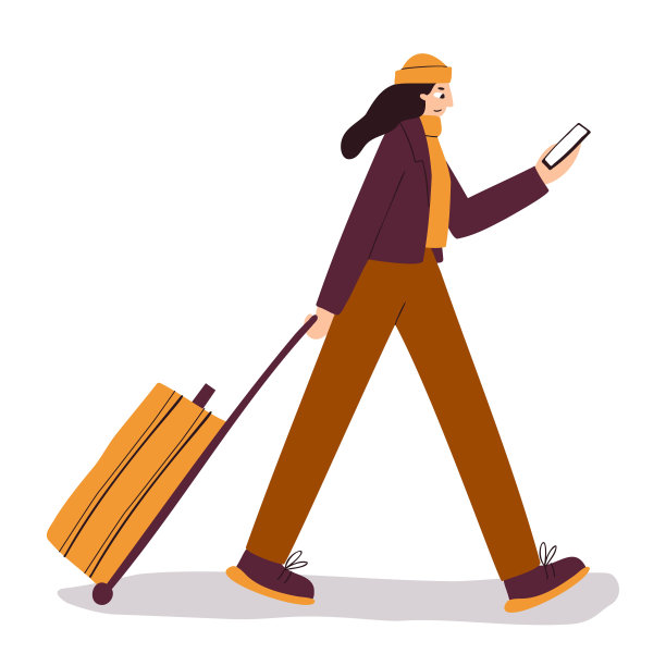 那个女孩走着，手里拿着一个手提箱和一部电话。平面向量插图。年轻女子去旅行或搬新家图片下载