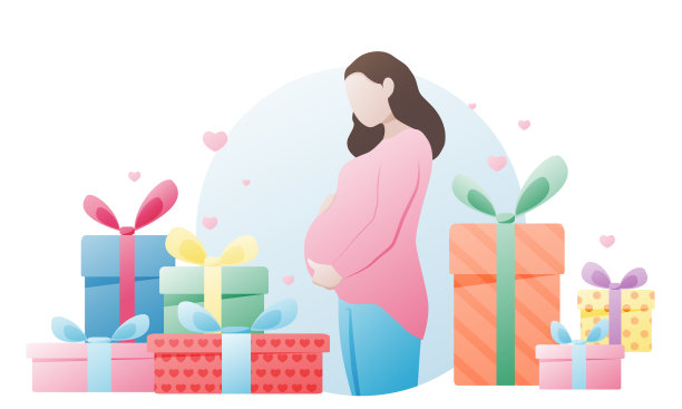 一名孕妇在白色背景上用礼物温柔地抱着她的肚子。矢量插图在一个平坦的风格。假日的概念，孩子的灵魂。怀孕。图片下载