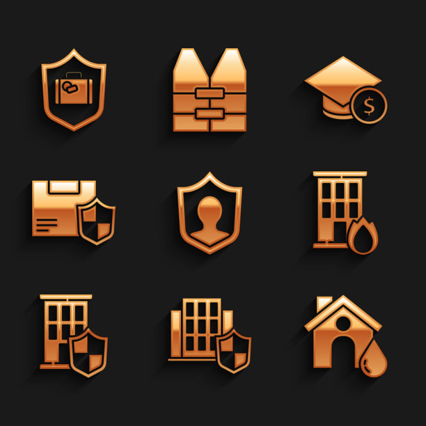 设置人寿保险与盾牌，房子，洪水，火灾燃烧的房子，交付安全，毕业帽和硬币和旅行手提箱图标。向量图片下载