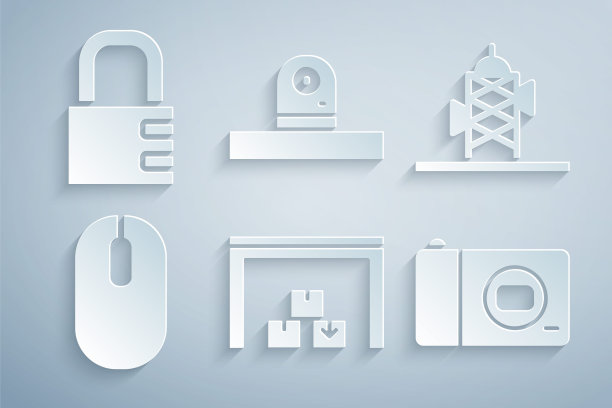设置仓库，天线，电脑鼠标，照片相机，安全和安全组合锁图标。向量图片下载