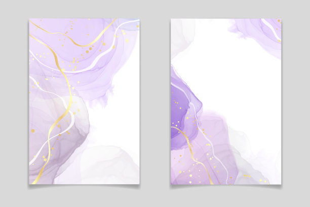 抽象奢华薰衣草水彩液体背景与金色裂纹。粉彩紫大理石醇墨绘画效果。矢量插图设计模板的婚礼邀请图片下载