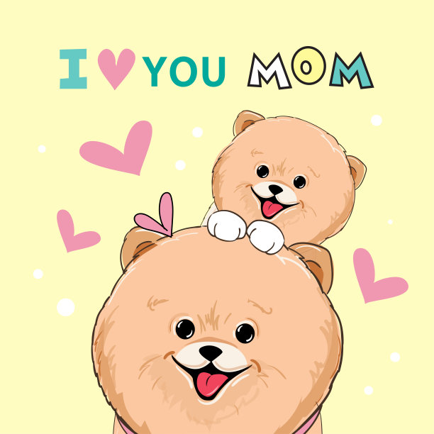 母亲节快乐贺卡上有可爱的斯皮兹狗，上面写着我爱你妈妈。向量插图有趣的动物图片下载