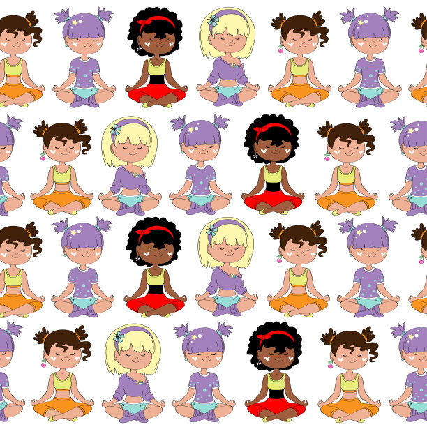 不同民族的美丽女孩在瑜伽莲花位置无缝模式在白色的背景图片下载