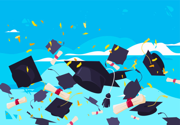 矢量插图的毕业学生的帽子与毕业证书在空中飞行与金色的五彩纸屑在蓝色的天空背景图片下载