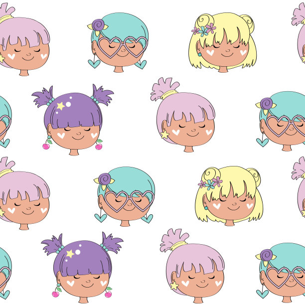 可爱的小女孩的头与五彩的头发在白色背景无缝的儿童图案图片下载